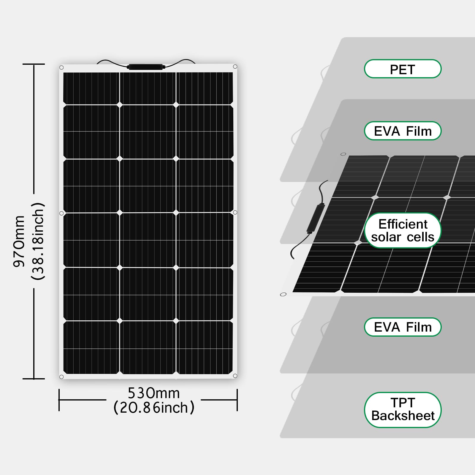 Kit de panel solar flexible de 500 W, 5x100W12 Vpanel solar fotovoltaico resistente al agua controlador solar de 50A, cable de 3m y cable de clip para batería de 12V (kit de panel solar de 500W)