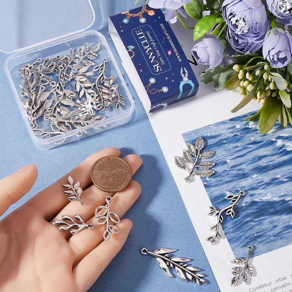 SUNNYCLUE 1 Box 40Pcs 10 Styles Leaf Charms Bulk Leaves Charms Tibetan Style Antique Silver Alloy Metal Willow Spring Autumn Pendants for Jewelry Making Supplies Necklace Bracelet Earring Craft - Image 3