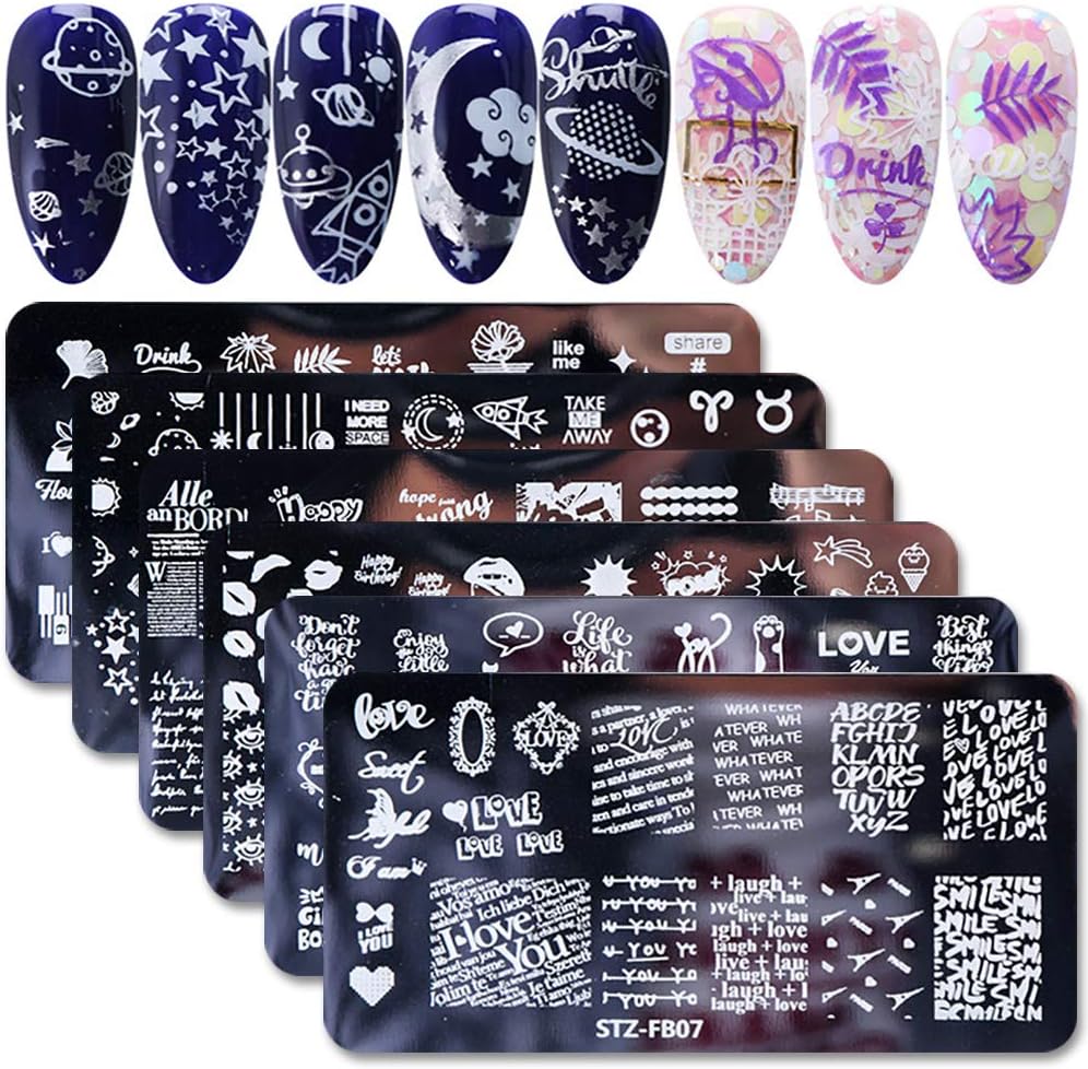 WOKOTO 6Pcs Nail Art Image Stamping Template Set Starry Sky Star Design Nail Polish Stamps Kit Manicure Stencils for DIY&Salon