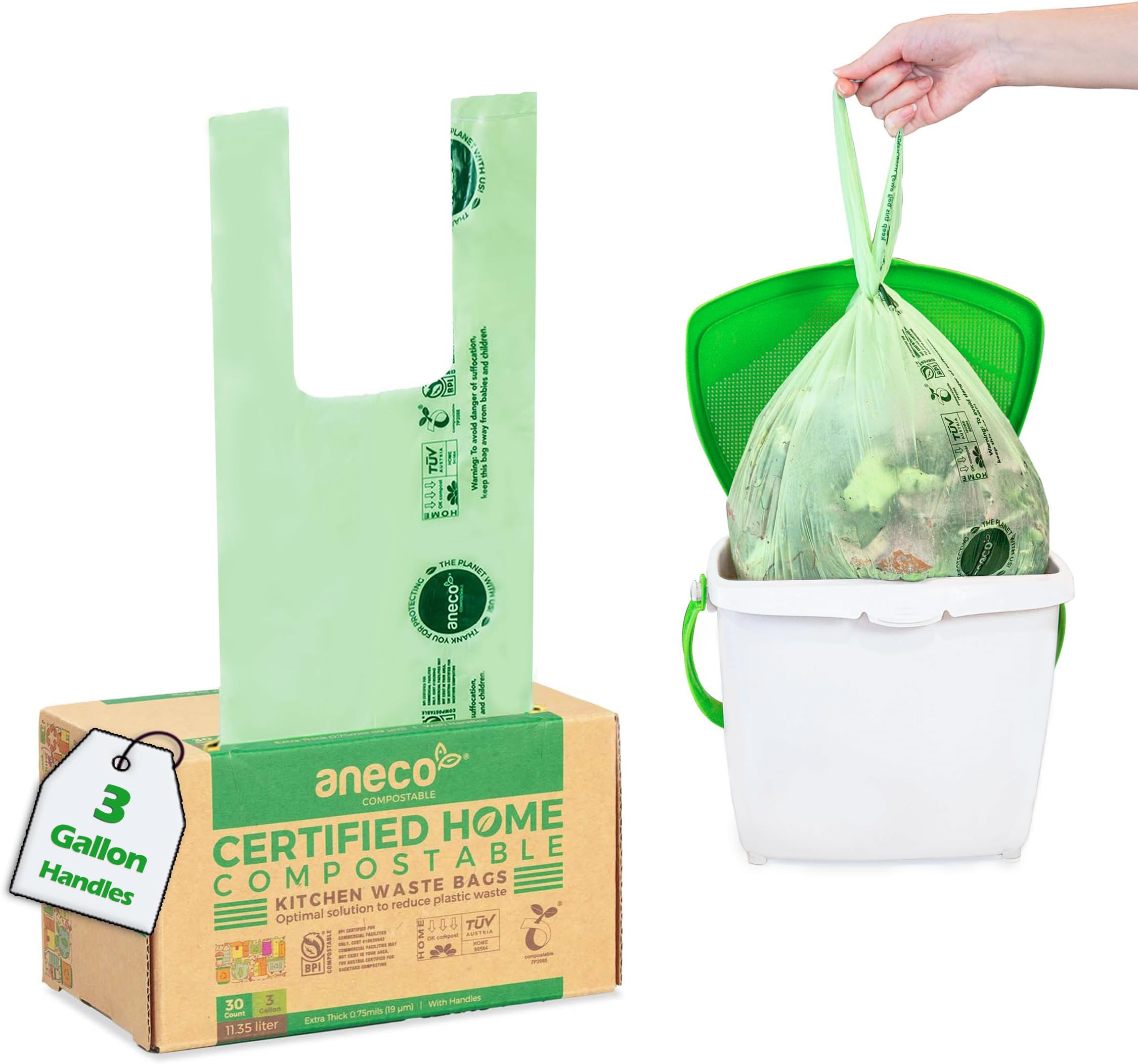 ANECO Compostable Trash Bags 3 Gallon With Handles (30 Count), Extra Strong Compost Bags for Kitchen Countertop Bin - BPI & OK Compost HOME Certified Small Garbage Bags With Handles