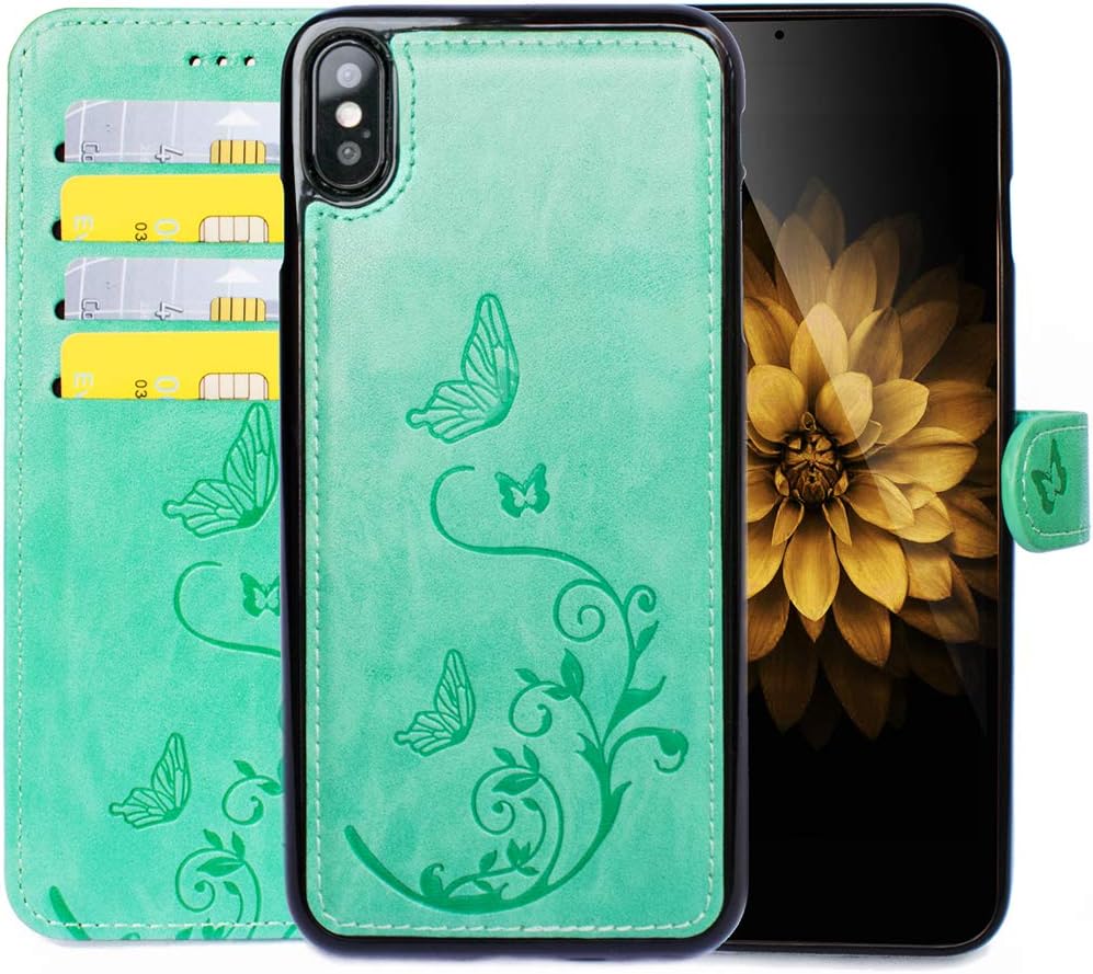 WaterFox iPhone XR Wallet Case with 4 Card Holder for Women, Detachable Cover Flip Folio PU Leather Wrist Strap Removable Magnetic Kickstand with Floral Flower Design for Girls - Green