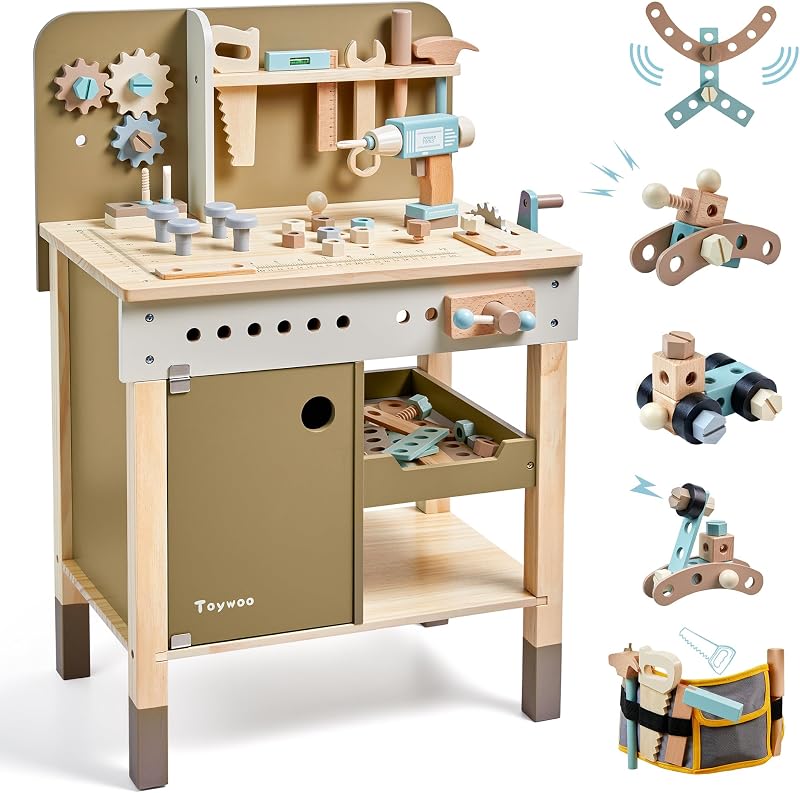 Juego de herramientas para niños, banco de herramientas de madera con delantal, banco de trabajo de juguete para niños pequeños con herramientas realistas, taladro eléctrico, juguete de construcción STEM, regalos para niños de 3 a 9 años