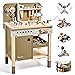 Kinder Werkzeug Set, hölzerne Werkzeuge Bank mit Schürze Kleinkind Spielzeug Werkbank Mit Realistischen Werkzeugen Elektrische Bohrmaschine STEM BAU Spielzeug Geschenke für Alter 3-9Jungen Mädchen Braun