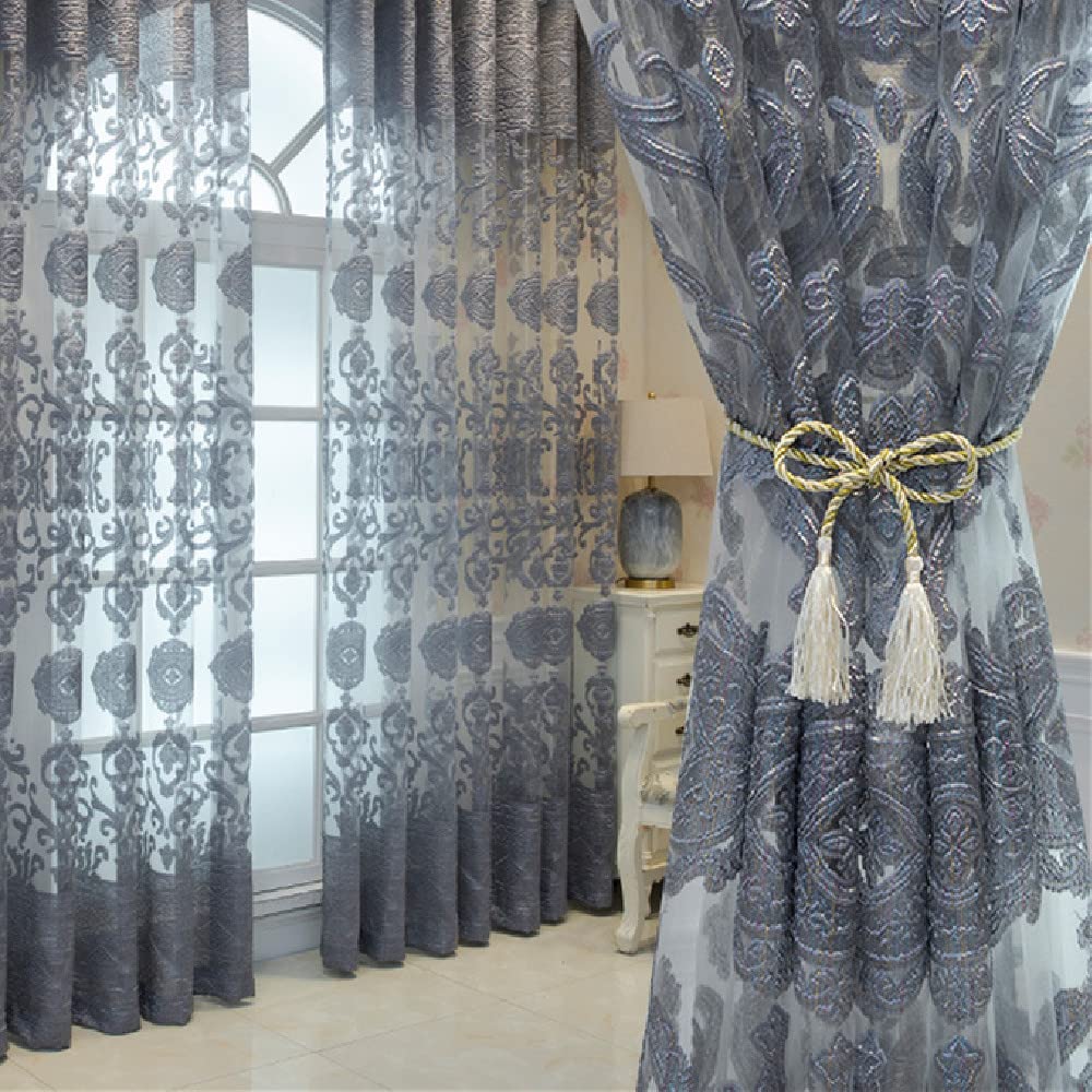 Amidoudou 1 Paar Luxuriöse Europäische Schiere Vorhänge Hohlen Bestickten Tüll Vorhänge Für Schlafzimmer Wohnzimmer (Grau,2-Set H 260 x B 140 cm)