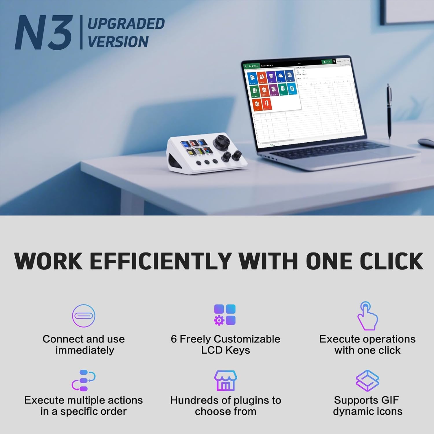 Basicolor Streaming Macro Keypad, Stream Controller Deck Gaming Shortcut Keyboard, with Customizable 6 LCD Shortcut Keys, 3 Buttons and 3 Knobs, Trigger Actions in OBS/Twitch/YouTube, Windows 10/Mac14.0(N3 White)