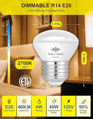 Miniatura 2 de Bombilla LED R14 4W E26 Base 2700K Blanco Cálido Regulable Mini LED Reflector Bombilla 40W Equivalente 400 Lúmenes 4 Pack