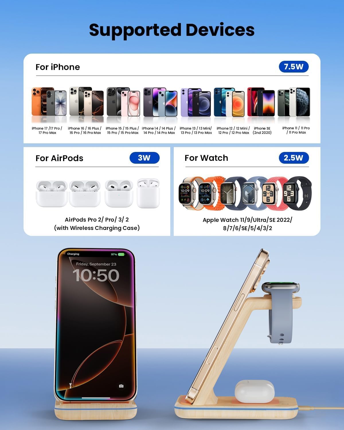 3 in 1 Wireless Charging, Wireless Charger Stand for Multiple Apple Devices, Wireless Charger for iPhone 17 16 15 14 13 12 11 Pro Max XS XR 8, Apple Watch 11 9 8 7 6 SE 5 4 3 2, AirPods 4/3/2/Pro