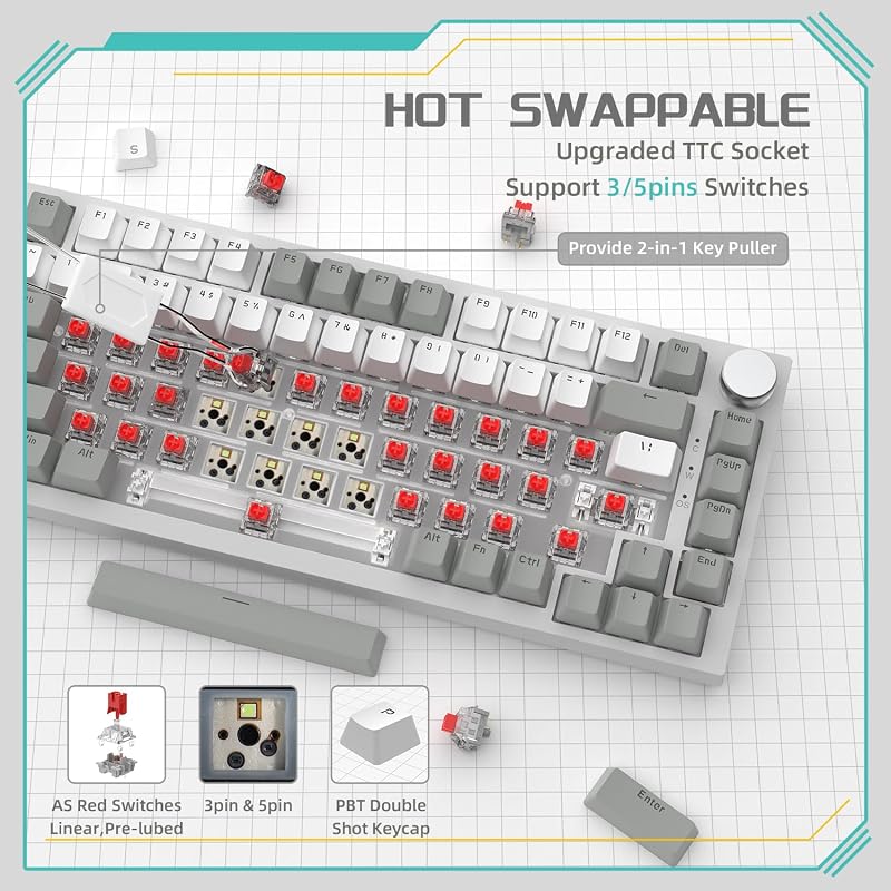 YINDIAO AK820 Mechanikus Gaming Billentyűzet 75% Layout 81 Gomb Hot-Swap Piros Switch USB-C PC Mac Szürke Fehér