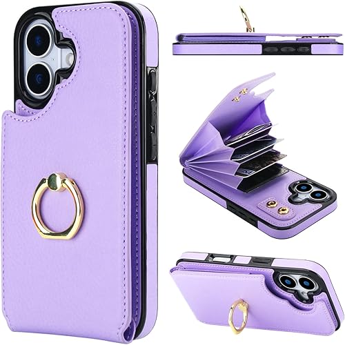 Miniatura 10 de Folosu Funda Cartera compatible con iPhone 17 con tarjetero, rotación de 360°, soporte de anillo de dedo con función atril, bloqueo RFID, de piel