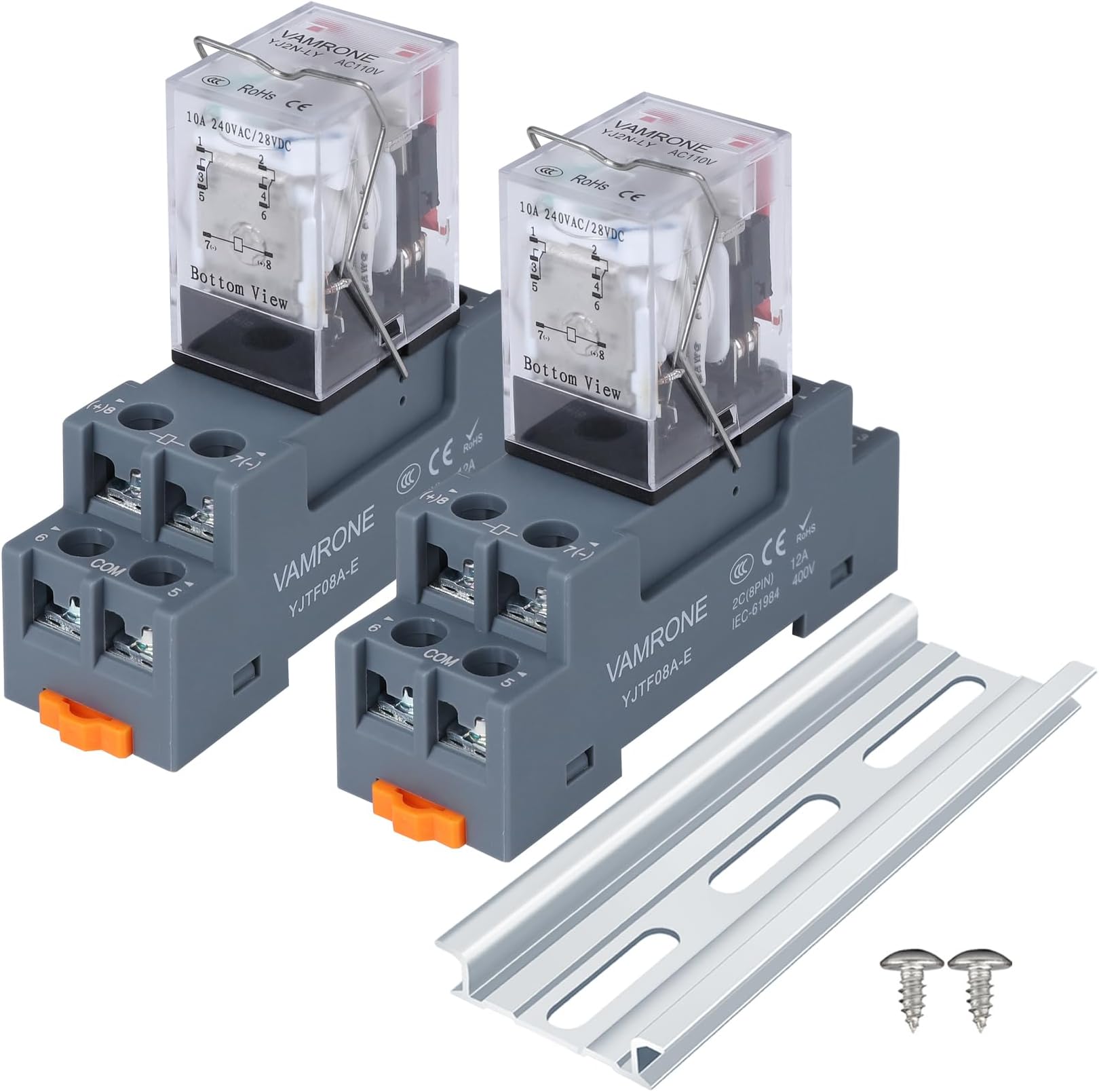 2PCS Electromagnetic Power Relay, 8-Pin 10A 110/120 AC Relay Coil with Socket Base, LED Indicator, DPDT 2NO 2NC - MY2NJ 2PCS [Applicable for DIN Rail System]