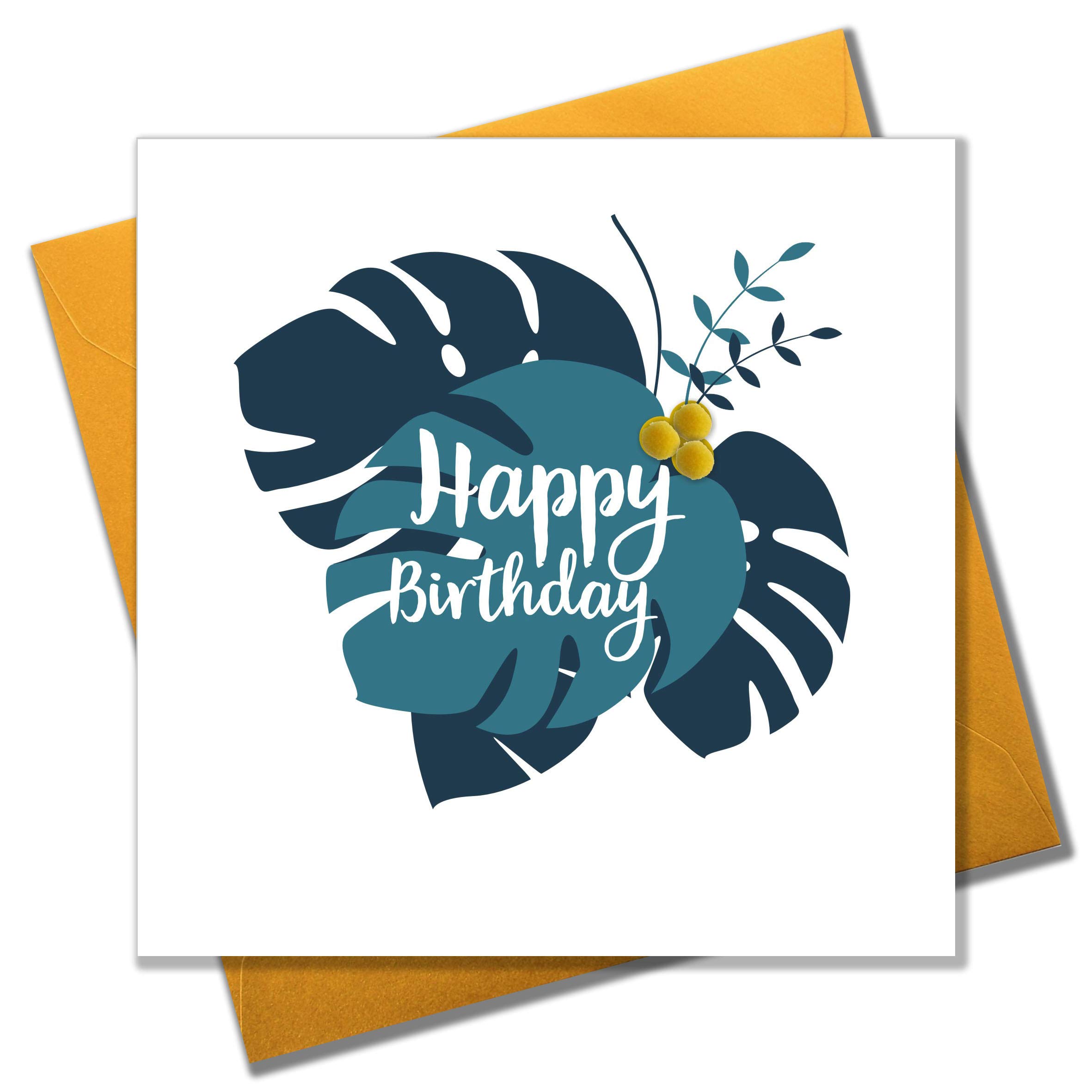 Claire Giles Greeting Cards, Happy Birthday Card, Tropical Leaves design Birthday Greeting Card, Embellished with colourful Pompoms