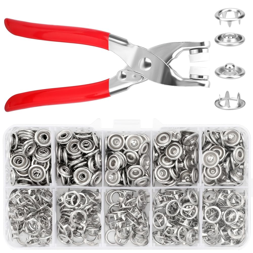 Radhav Mart Premium Snap Buttons Kit - 100 Sets 9.5mm Metal Fasteners Heavy Duty Metal Snap Button Kit with Hand Press Plier - No-Sew Press Studs for Clothing, Hats, Bags, DIY Crafts - Includes Storage Case, Prong Rings & Rivet Buckle Claw