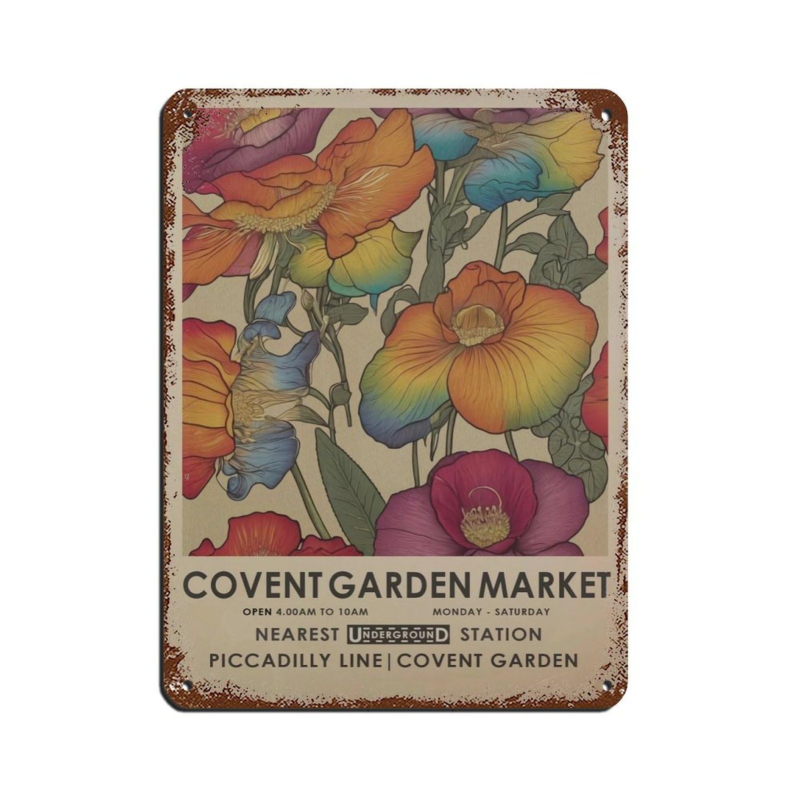 Covent Garden Flower Market, Rainbow Botanical Art Tin Sign Vintage Metal Pub Club Cafe Bar Home Wall Art Decoration Poster Retro 12x16inch(30x40cm)