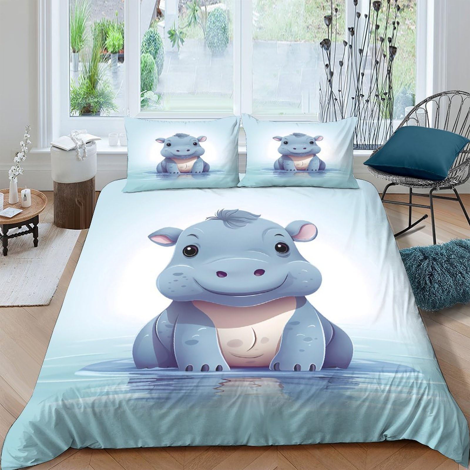 Ctjqhvkz Style-9 3D Printed Cute Hippo Fitted Sheet Microfiber Soft Blue Cartoon Animals Bed Cover For Bedroom Dorm Mattress Decor Single（135X200cm）