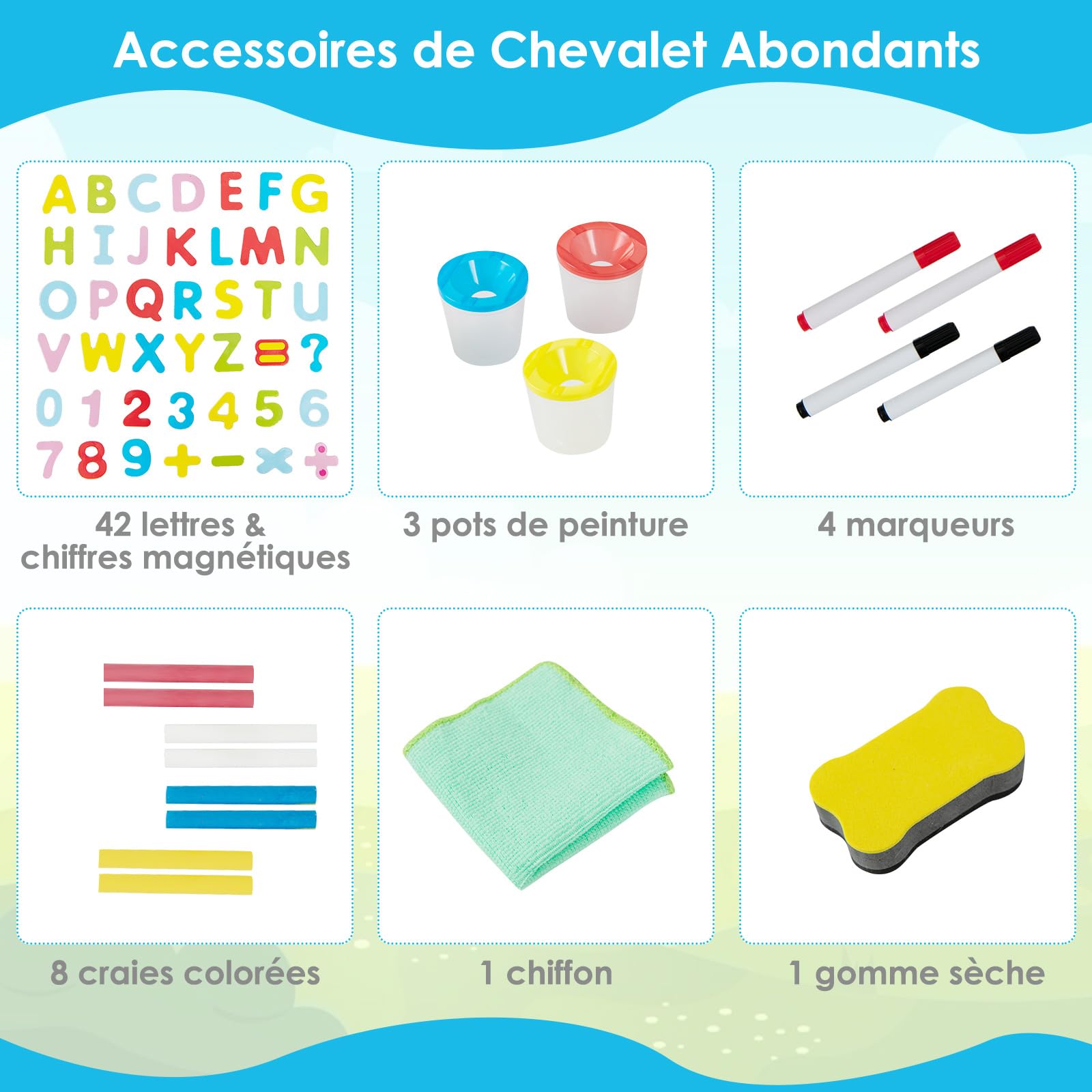 COSTWAY 3 en 1 Tableau Enfant Double Face en Bois avec Rouleau de Papier & 60 Accessoires, Chevalet Magnétique avec Hauteur Réglable, Plateau & Sac de Rangement pour Enfants de 3-8 Ans