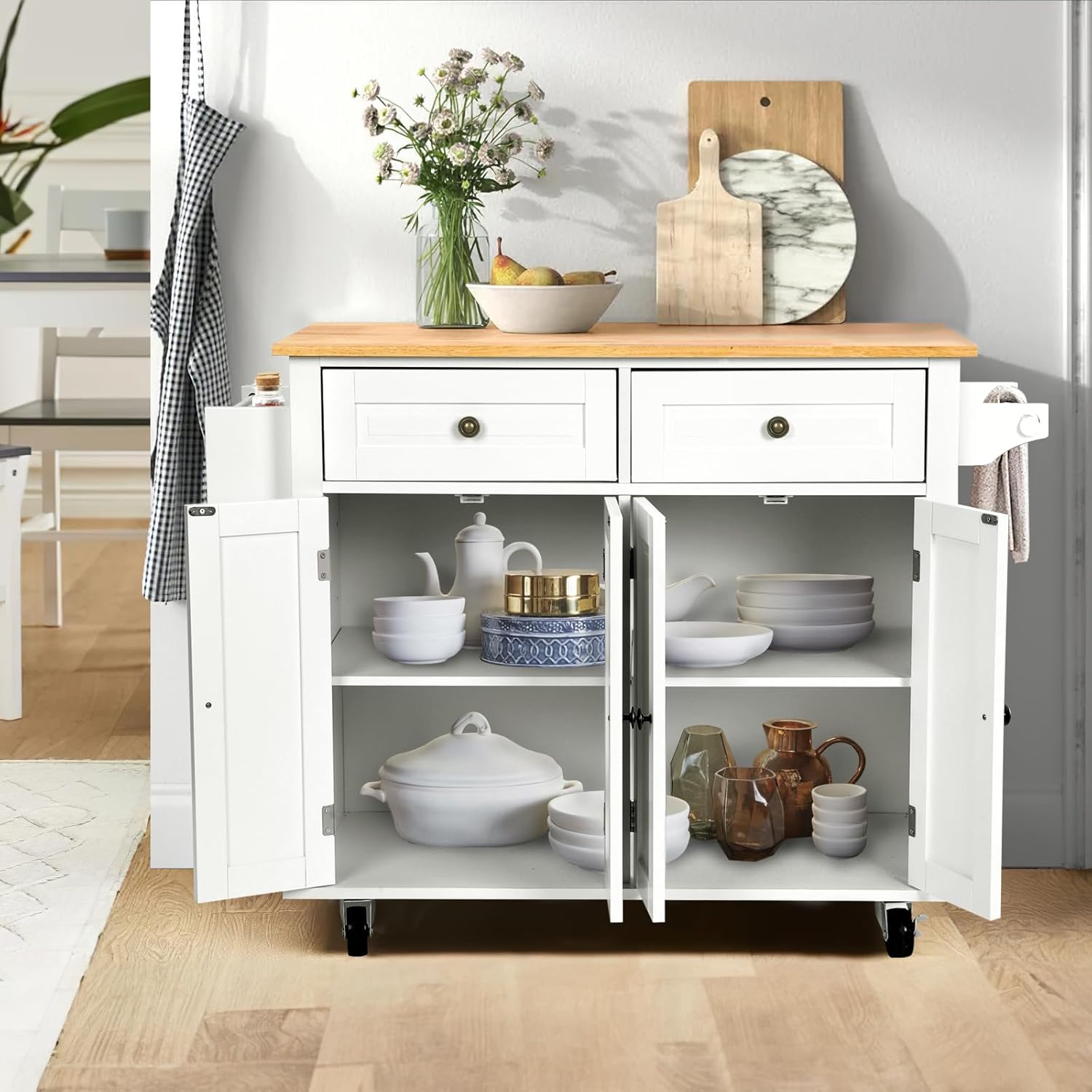 VOWNER Rolling Kitchen Island, Portable Kitchen Island with Storage, Floating Kitchen Cart with Spice Rack & Towel Rack, Drawer and Storage Cabinet, Isla para Cocina (White)