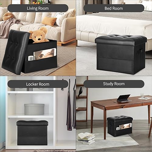 Miniatura 4 de Taburete otomano de almacenamiento con asiento acolchado de espuma más gruesa. Taburete plegable de cuero. Otomana pequeña con almacenamiento para