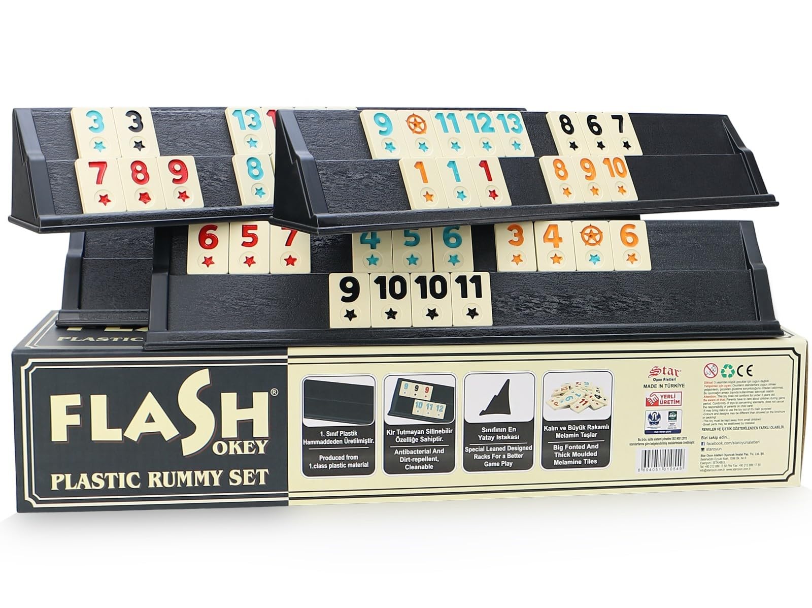 Semus Flash Black Okey/Rummy – PVC Steinleger, Melamin Spielsteine Mattiert, Mit 4 Steinaufstellern, Würfel & Stoffbeutel