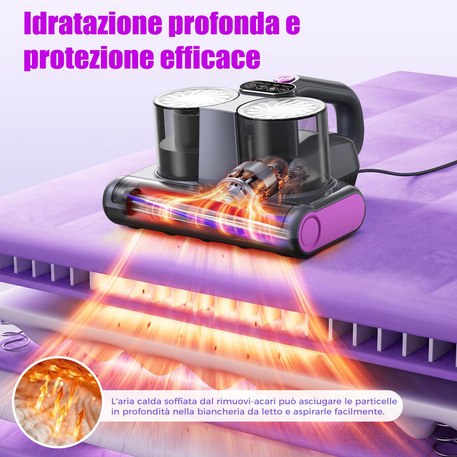 Battimaterasso Antiacaro per Materassi con Luce UV-C, Aspiratore per Acari Forte Aspirazione, Filtro HEPA, Aria Calda, Ultrasuoni, Rimuove il 99,9% Degli Allergeni per Materassi, Peli di, Polvere