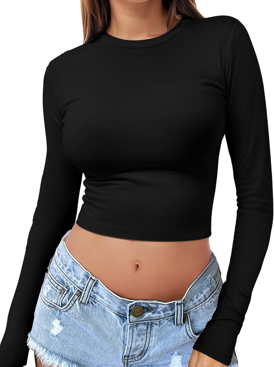 Womens Long Sleeve Crop Top Crew Neck Y2K Shirt Sexy Slim Fitted Casual Base Layer Soft Workout Shirt Going Out Tops