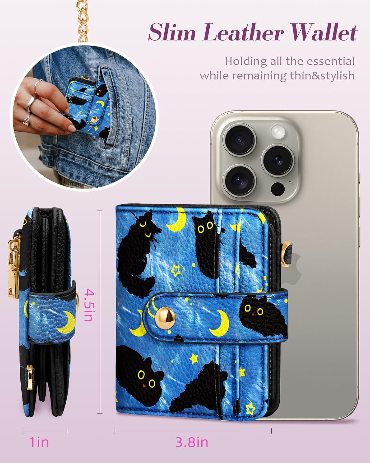 Bistup Wallet for Women Cute Small Card Wallet Genuine Leather Rfid with Keychain for Ladies Teen Girls Female Girly Aesthetic Blue Black Cat Unique Kawaii Pretty Modern Bifold Credit Card Holder - Image 2