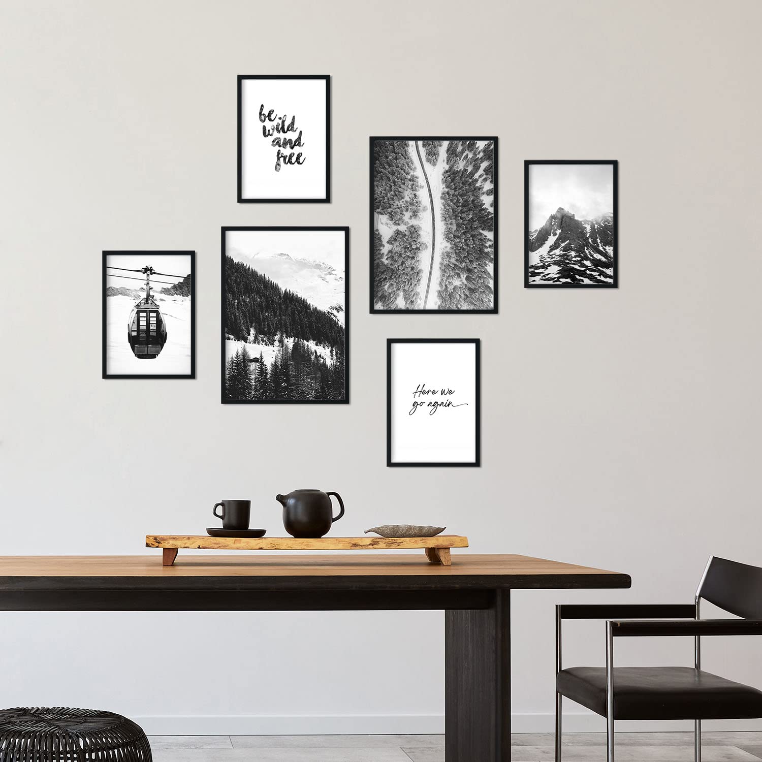 Nacnic - 6 Cuadros Fotografía Blanco y Negro - Decoración Mural Salón, Dormitorio, Habitación - Invierno, Nórdico, Moderno - A3 y A4 - Marco Negro