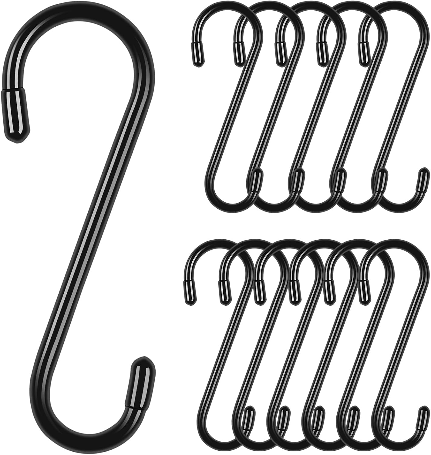 12 Pack Heavy Duty S Hooks, Vinly Coated 6 Inch Large Metal S Hooks for Hanging Plants, Non Slip Black Hanger Hooks for Closet Hanging Jeans, Baskets, Lights, Pot, Pans, Cups, Bird Feeder