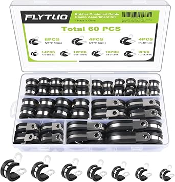 60PCS Cable Clamps Assortment Kit, Flytuo 304 Stainless Steel Rubber Cushion Pipe Clamps in 7 Sizes 1/4" 5/16" 3/8" 1/2" 5/8" 3/4" 1"