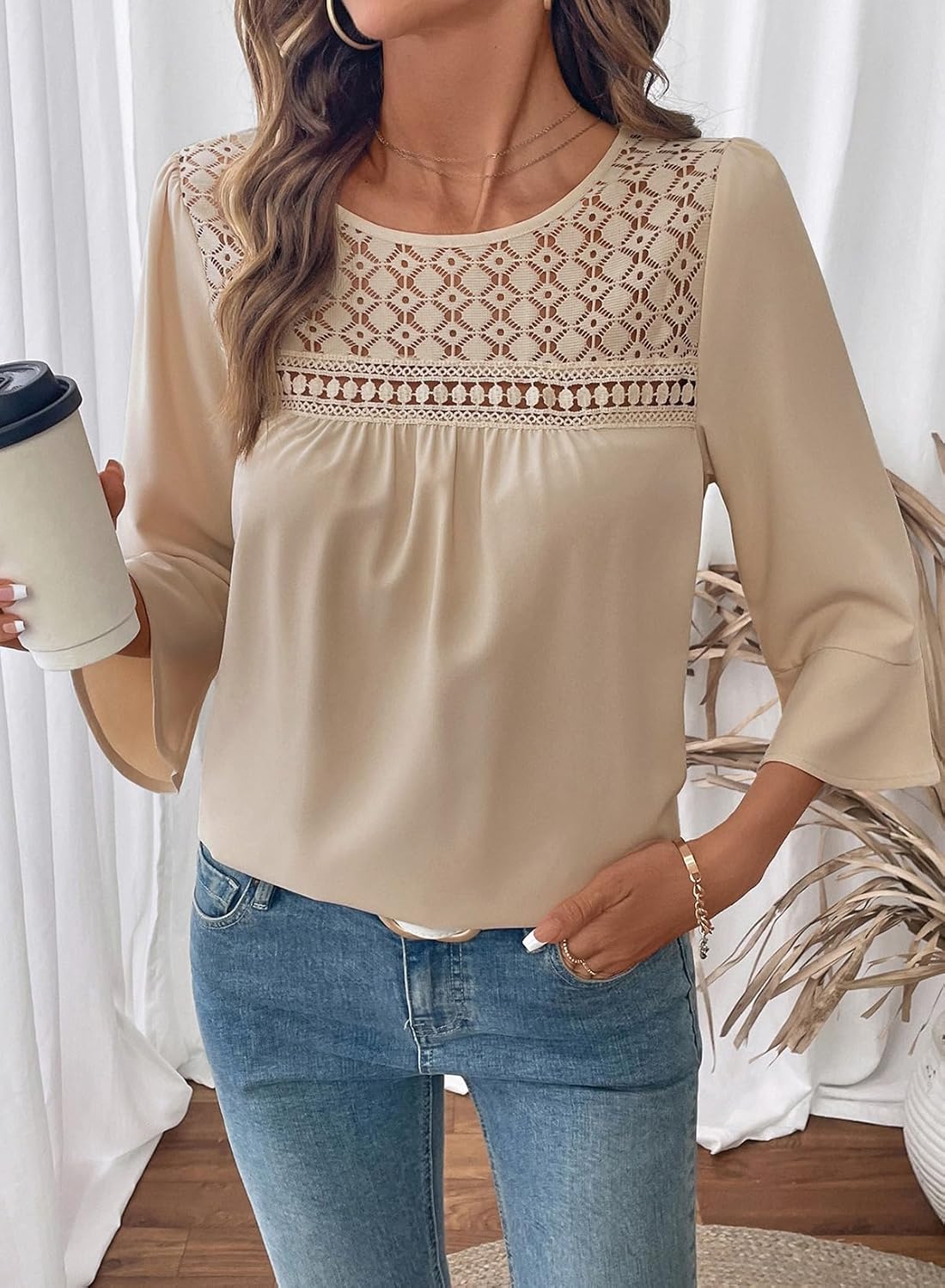 Dokotoo Women's 2025 Fall Fashion Tops 3/4 Sleeve Crewneck Shirts Casual Chiffon Boho Lace Blouses - Image 6