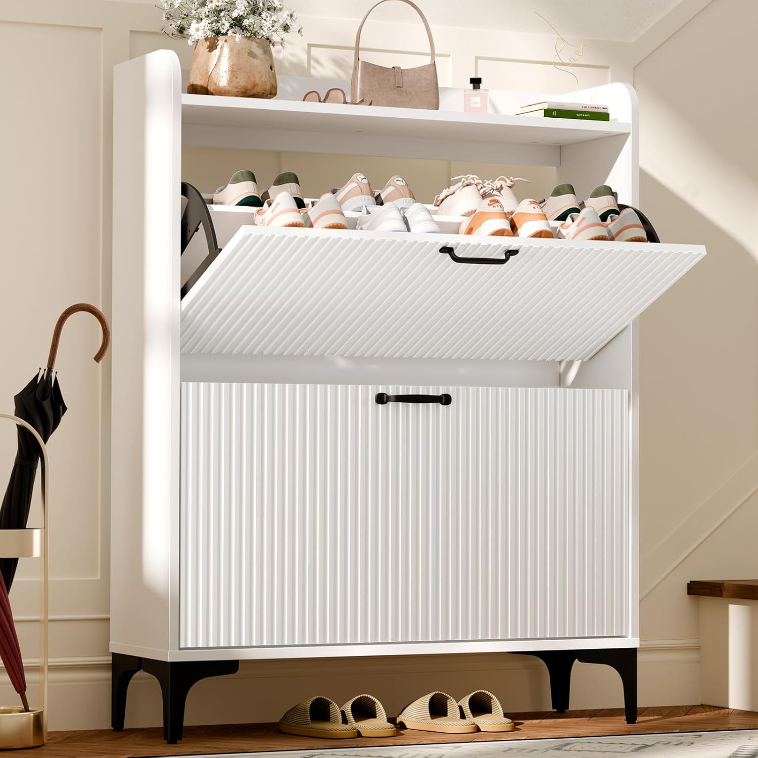 HIFYOBRO Narrow Shoe Storage Cabinet for Entryway, Shoe Cabinet with 2 Flip Drawers, Hidden Shoe Rack with Fluted Panel, Modern Freestanding Shoes Organizer for Hallway (White)