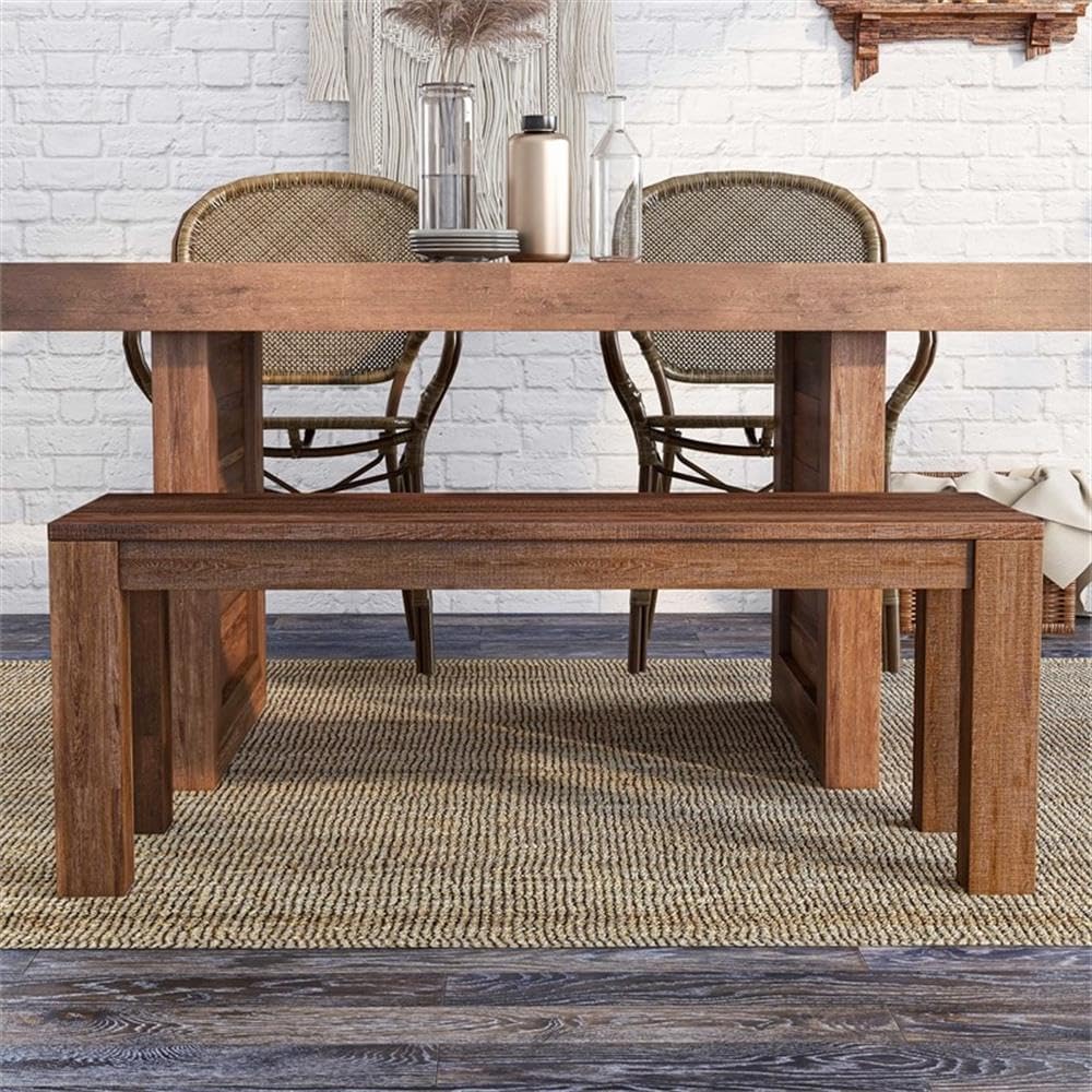 BOWERY HILL Farmhouse Rustic Solid Wood Short Bench, Natural Tone Finish, 46 in Wide, Backless Seat, Square Post Legs, Modern Farmhouse Style Dining Room or Entryway Seating