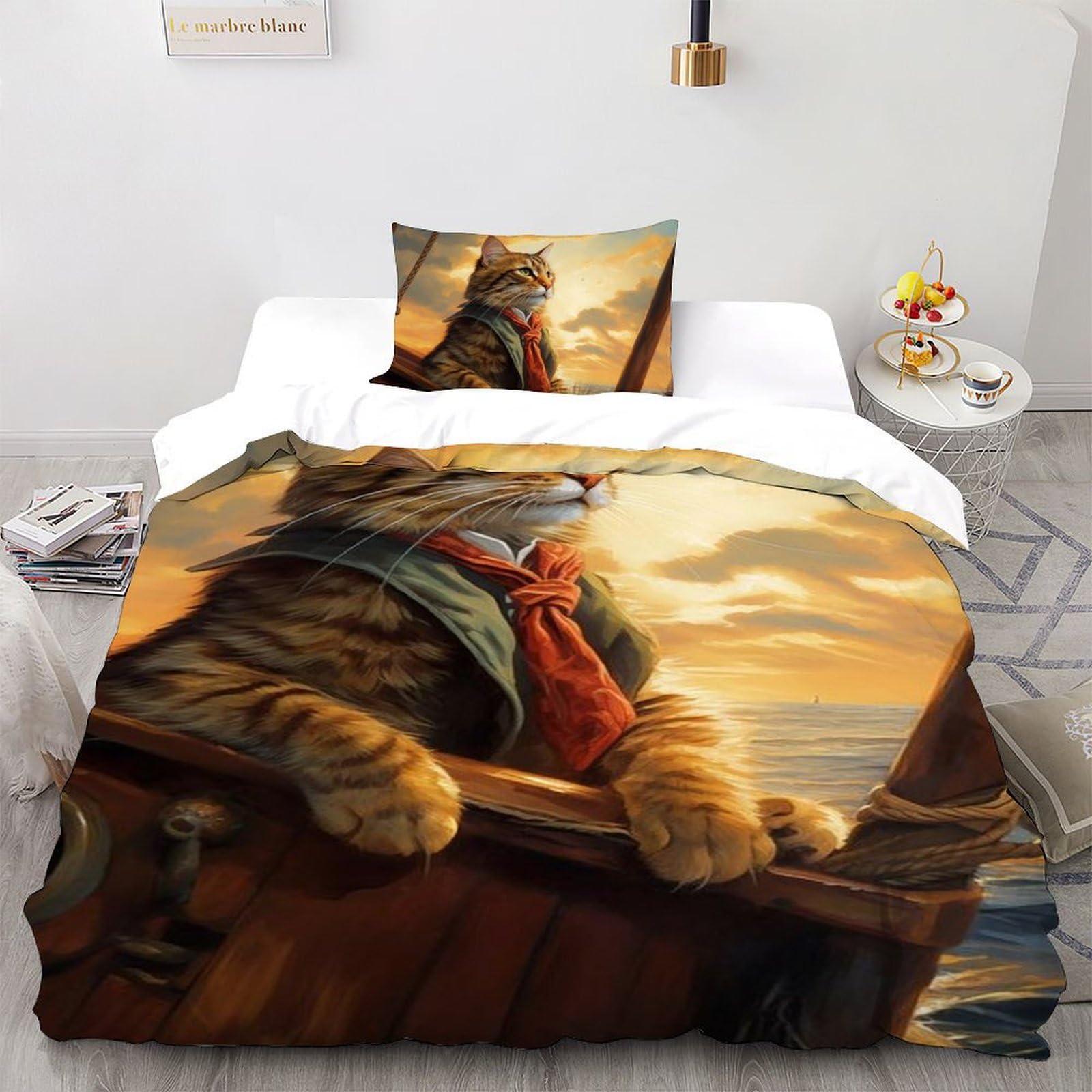 Housse de couette chat anti-plis avec fermeture éclair pour lit simple
