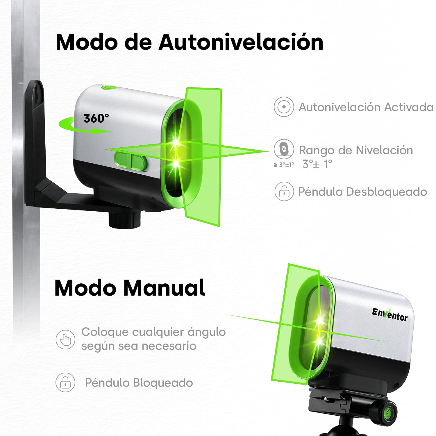 Enventor Nivel Láser Autonivelante de 50M, Nivel Láser Verde con 3 Modos(Autonivelación, Manual y de Pulso), Base Magnético de 360°, Carga USB, IP54, Alta Visibilidad y Precisión, para Exterior