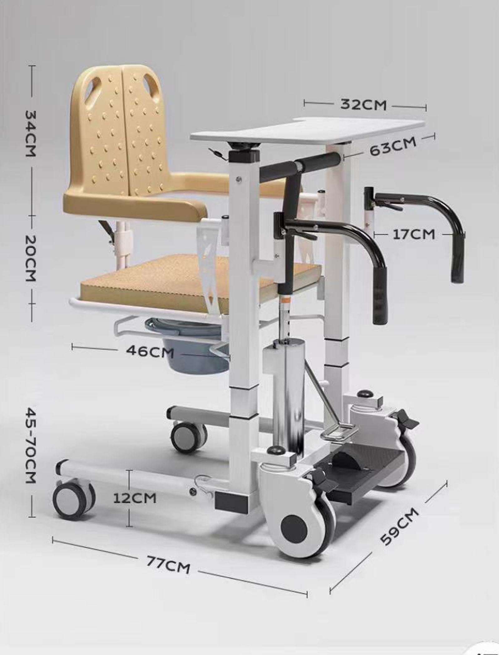 Hydrauliczny podnośnik pacjenta, fotel transferowy i wózek inwalidzki pod prysznic z paskiem podnoszącym, nośność do 150 kg