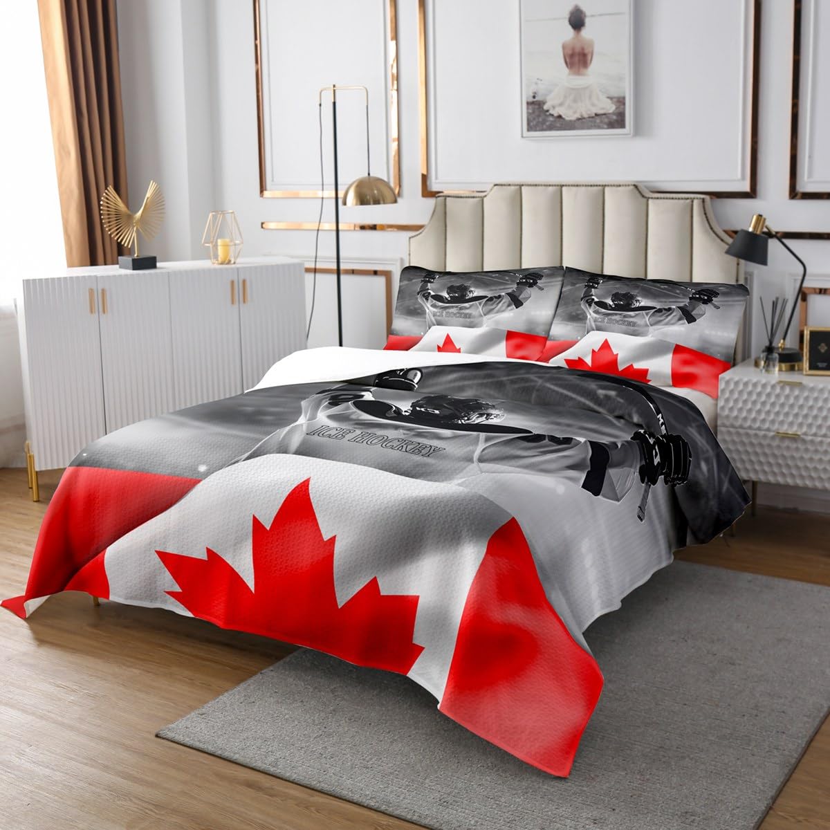 Castle Fairy Canadian Flag Maple Leaf Bedspread Queen Size Bedding for Teens Living Room Ice Hockey Decor Coverlet Set Extreme Sports Quilt Set for All Season,3 Pcs with 2 Pillowcases