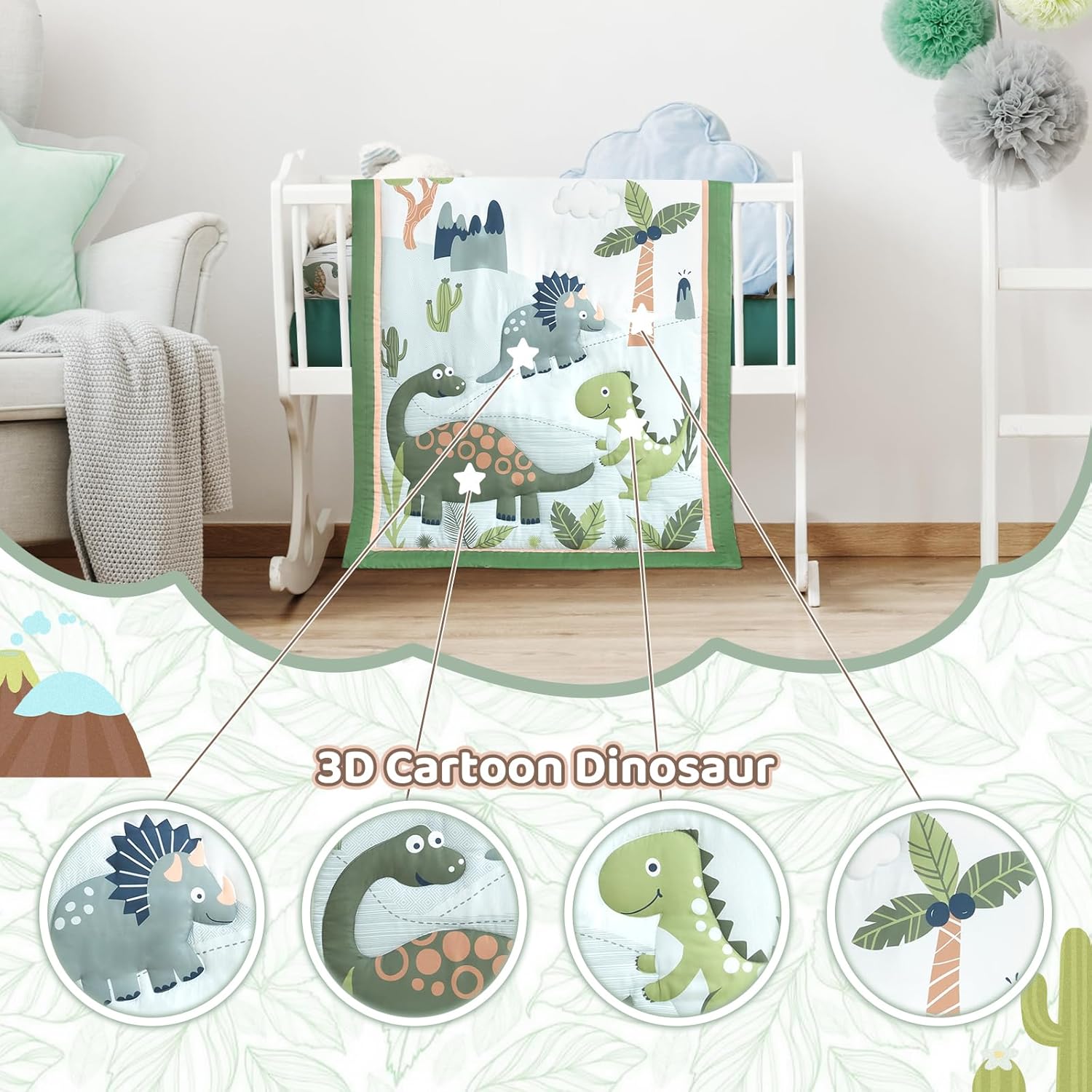 Wowelife Dinosaur Crib Bedding Set for Boys, Premium 3-Piece Baby Crib Bedding Set, Nursery Crib Set, Newborn, Infant & Toddler Nursery Bed Set, Green Dinosaur