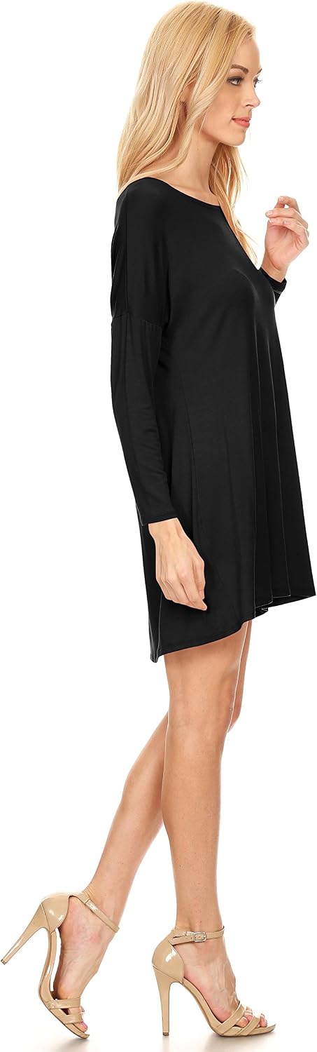 Women's Basic Tunic A-line Casual Short Dress, Long Sleeves, Round Neck, Made in USA