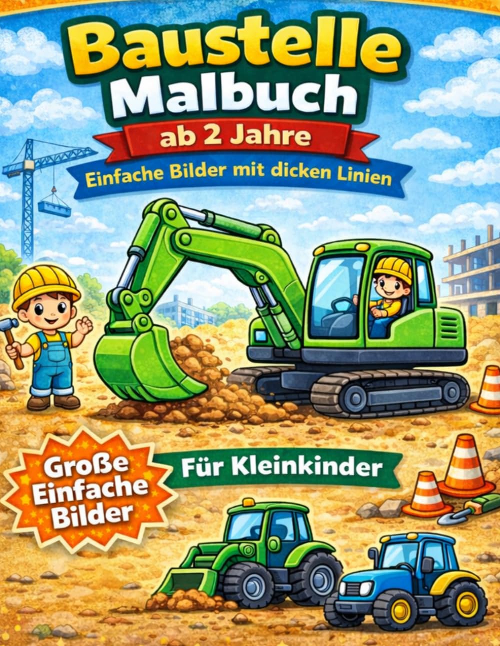 Baustelle Malbuch ab 2 Jahre – Einfache Bilder mit dicken Linien: Große einfache Bilder für Kleinkinder | Bagger, LKW, Traktor | Malbuch für Jungen und Mädchen