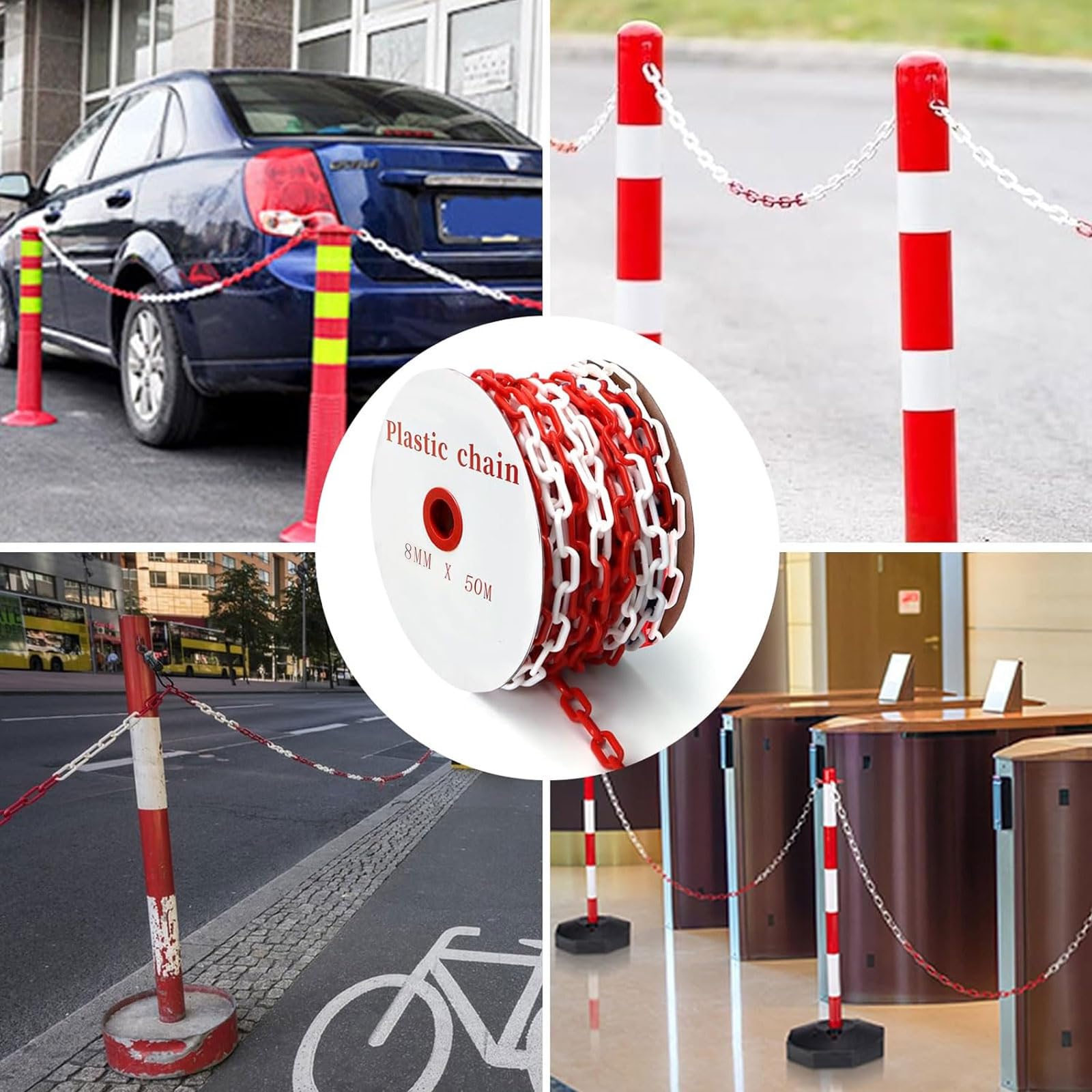 50 m Absperrkette Rot Weiß Kunststoffkette, 8mm Warnkette Plastikkett, Kunststoff Absperrkette mit 8 Karabinern für Barrieren in Auffahrten, Arbeitsplätzen und Garagen