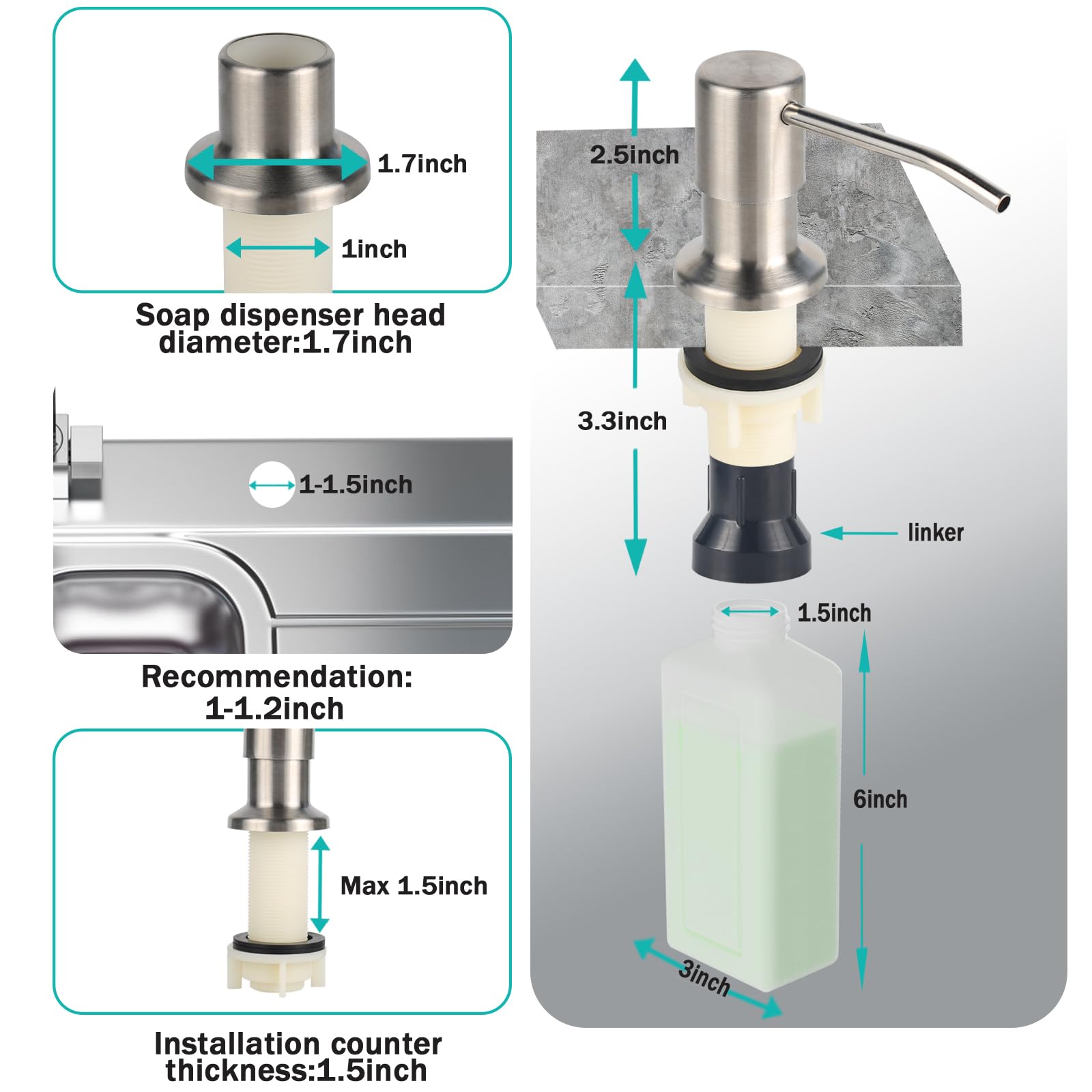 Built in Soap Dispenser for Kitchen Sink, Brushed Nickel Stainless Steel Countertop Pump Head (Plastic Built-in), Dish Soap Hand Lotion Dispenser with Refillable 17OZ Bottle