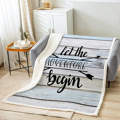 Adventure Travel Throw Blanket Rustic Farmhouse Cabin Wood Print Sherpa Blanket Kids Teens Girls Bedroom Decor Outdoor Sports Camping Blankets White Blue Vintage Fleece Blanket,for Chair/Sofa