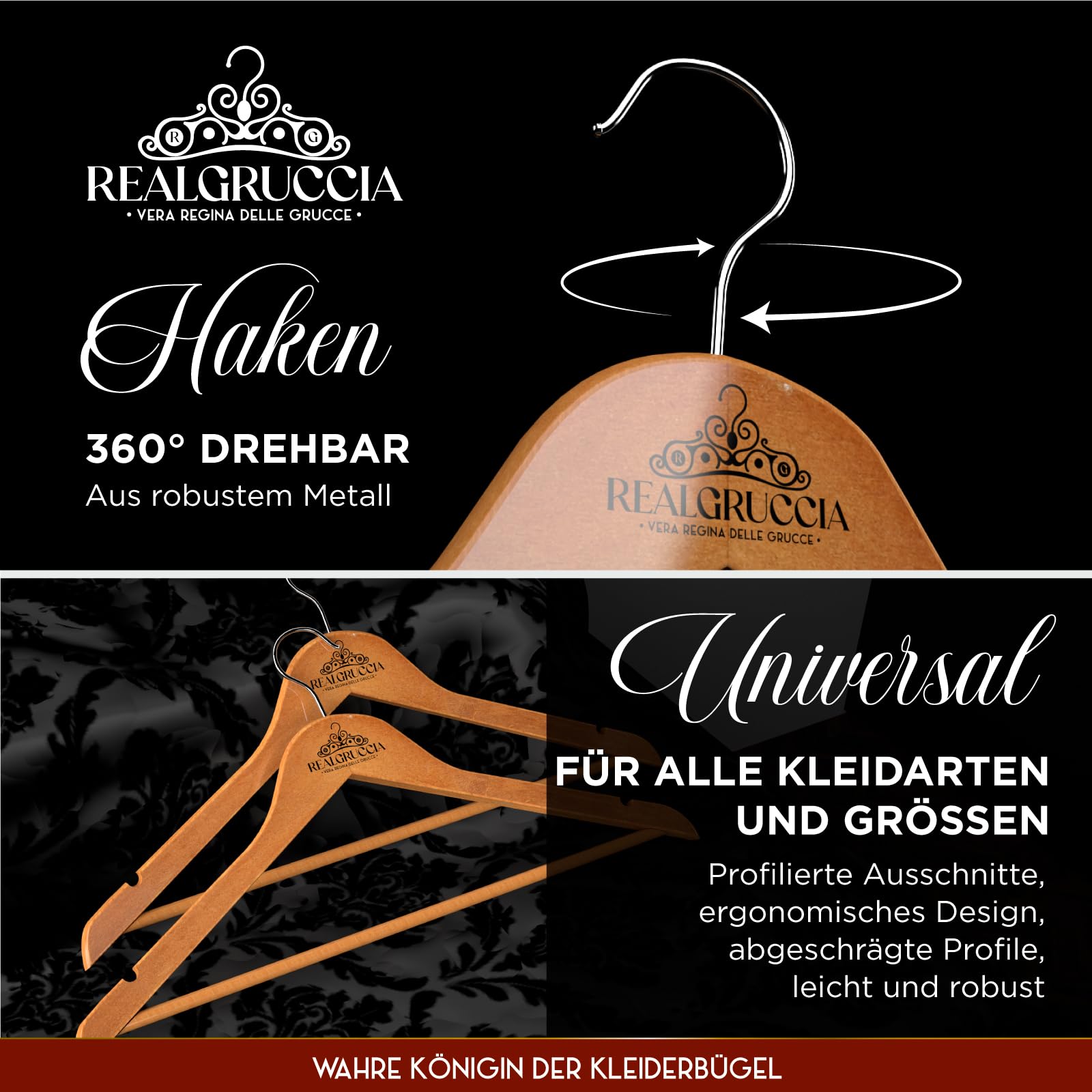 40 Kleiderbügel aus Holz Anti-Rutsch-Einkerbungen Holzbügel RealGruccia Farbe Hellbraun Hosensteg von Hosen Anzügen Hemden - Polierter Oberfläche Drehbaren Hakens und Abgeschrägte Profile - 22x45cm