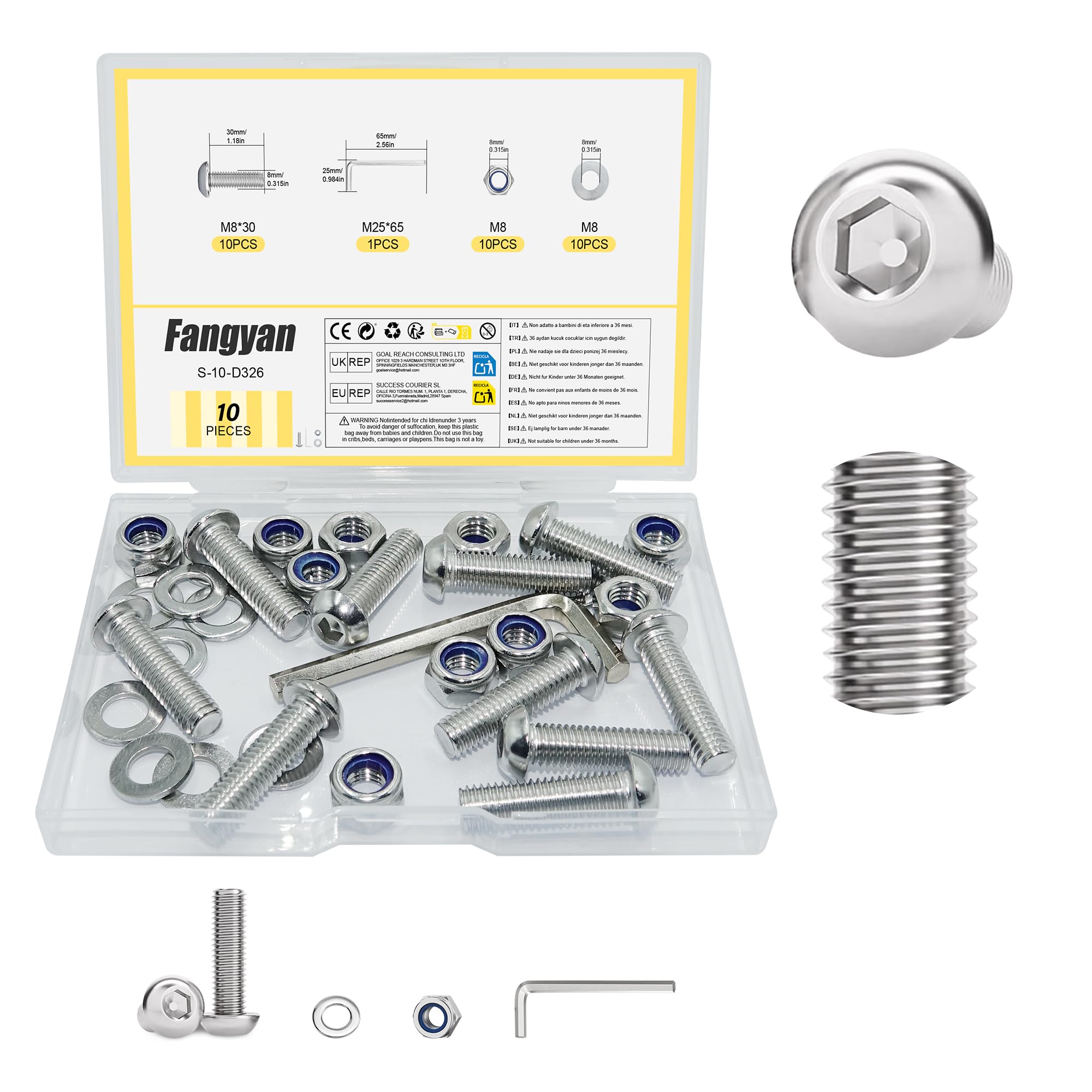Fangyan 10 PCS M8 x 30mm Hex Socket Button Head Screws, Stainless Steel Machine Bolts with Nylon Lock Nuts, Flat Washers & Hex Wrench Assortment Kit for Furniture, Equipment & DIY Assembly