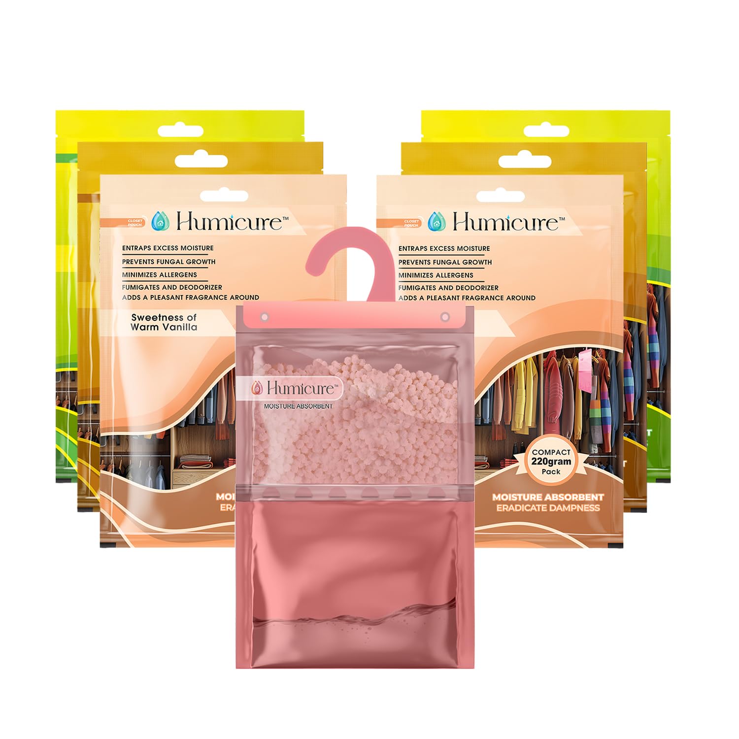 Humicure Moisture Absorber Dehumidifier | 500ml Absorption Capacity | Prevents Mold, Dampness & Odor in Wardrobe, Bathroom, Kitchen & Bedroom | 220g x 6 (Fragrance Combo)