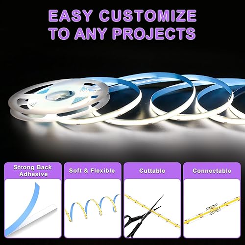 Miniatura 8 de MIWISE Tira LED COB de 32.8 pies32.8 ft, CRI 90+ blanco natural 4000K de alto lúmenes, súper brillante, flexible, DC24V, cinta de luz LED, para