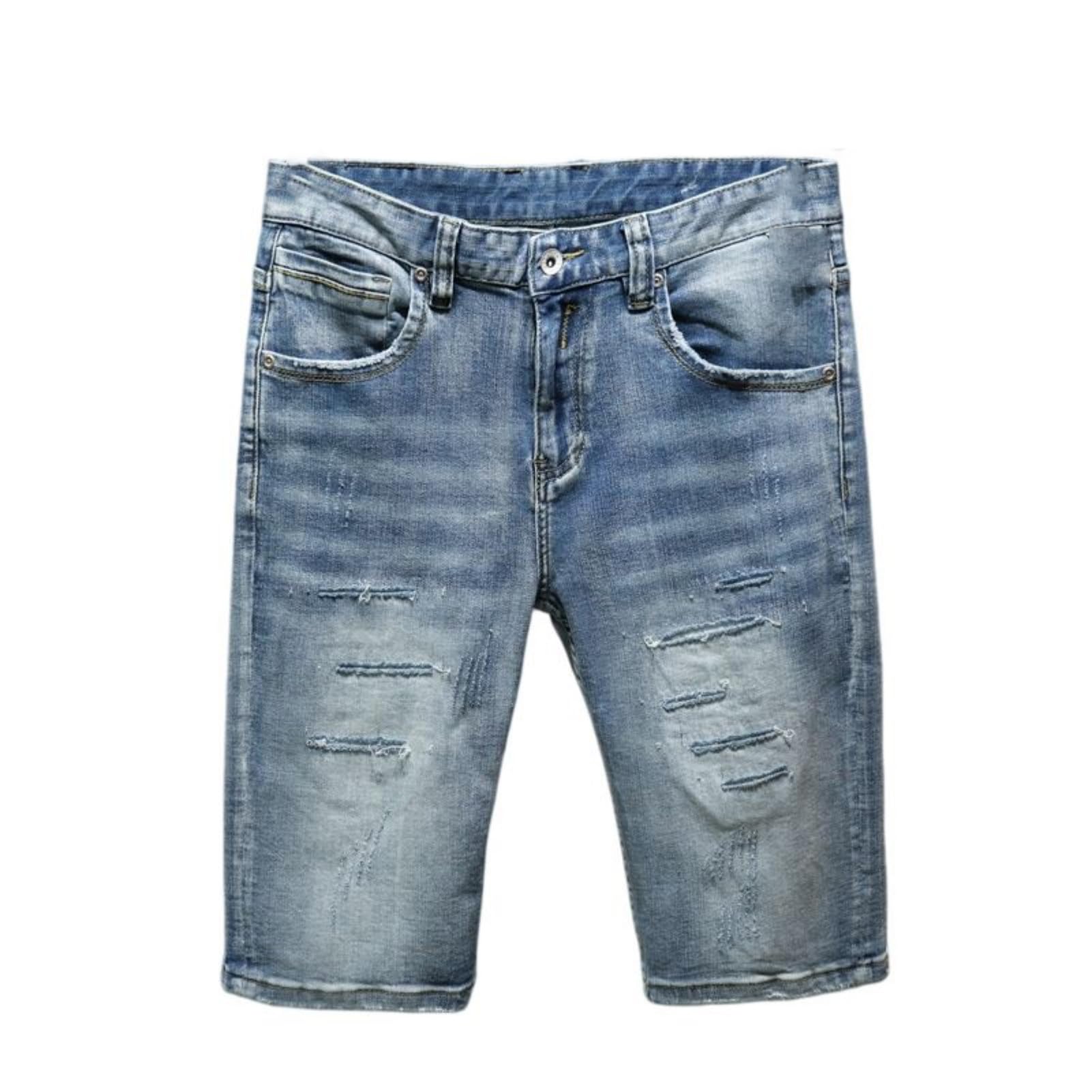 Pantalones cortos de mezclilla elásticos para hombre con aspecto desgastado, corte recto hasta la rodilla, pantalones cortos de ocio