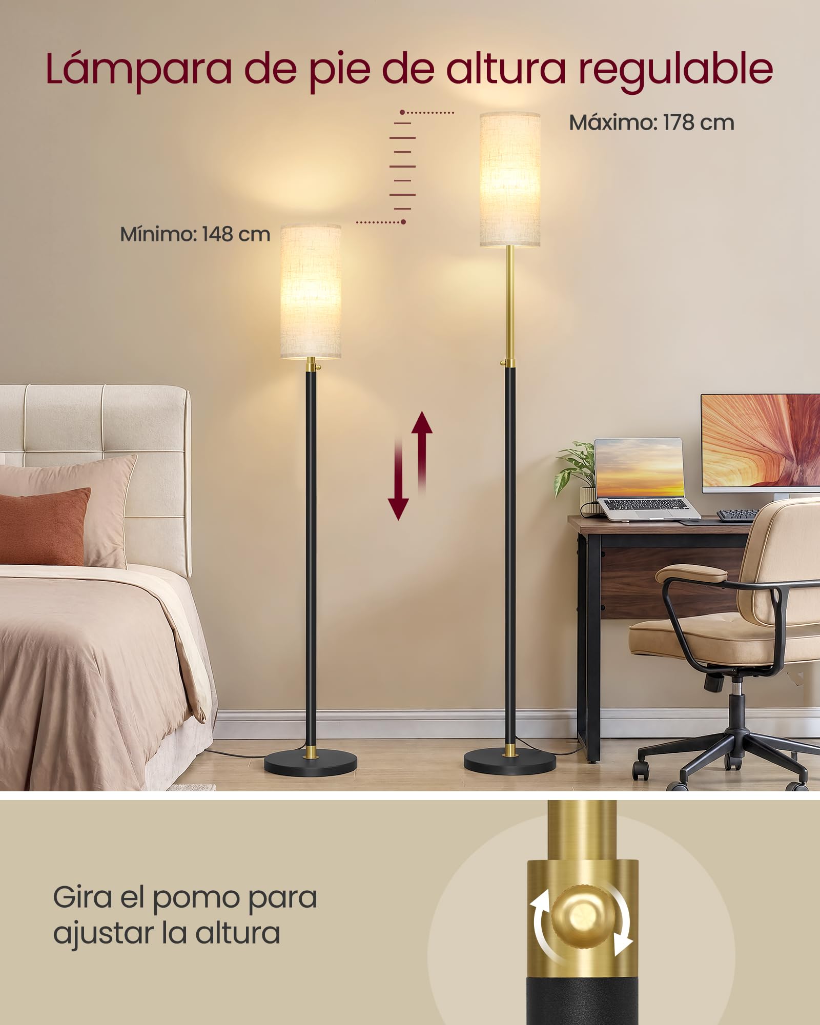 VASAGLE Lámpara de Pie, Lámpara de Lectura Regulable en Altura, 148-178 cm de Altura, Interruptor de Pedal, Pantalla Larga de Tela, Casquillo E27, Negro Tinta LFL022BD02