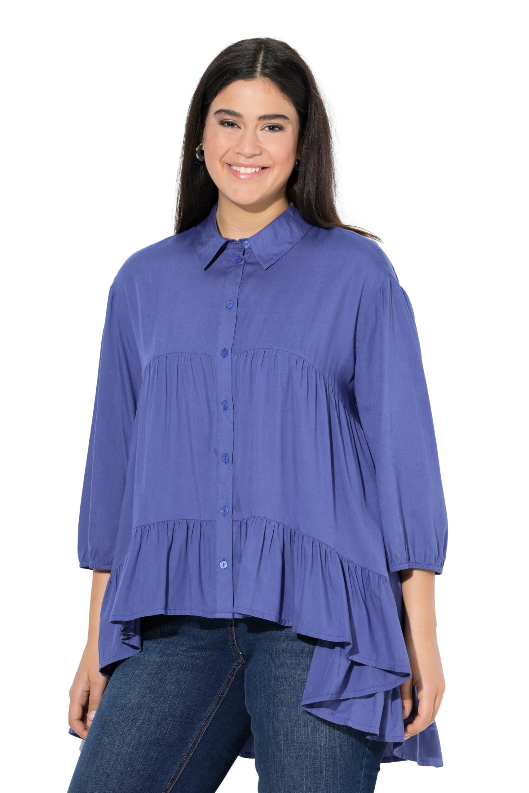 Ulla Popken Damen große Größen Übergrößen Plus Size Bluse, Volantsaum, A-Linie, Hemdkragen, 3/4-Arm 843061