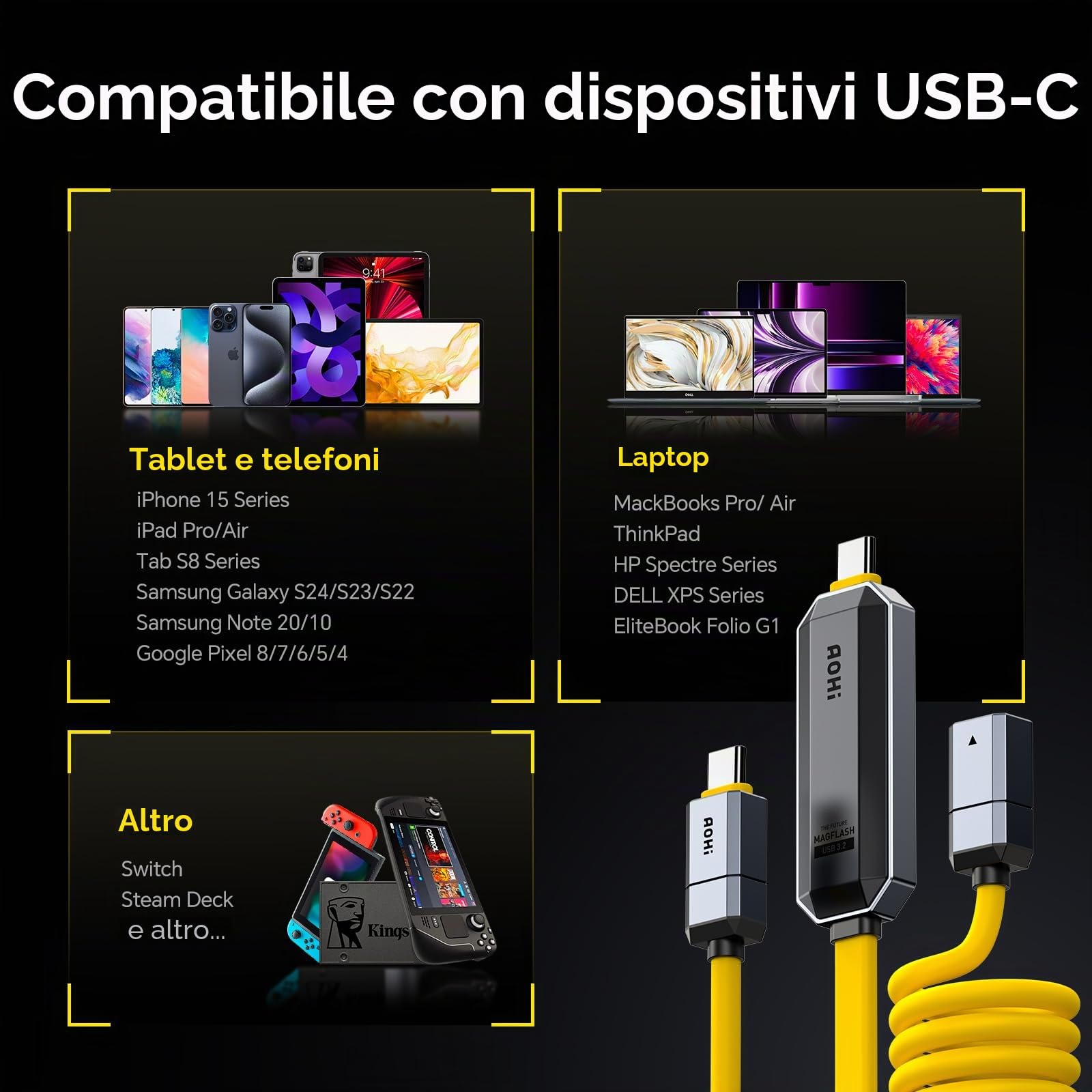 AOHI Set di cavi USB C da 240 W fai da te con unità flash USB C da 512 GB, 2 in 1 PD 3.1 per ricarica rapida e archiviazione dati, con USB 3.2 Gen2 Type C SSD USB Drive per MacBook, iPhone 16, Galaxy
