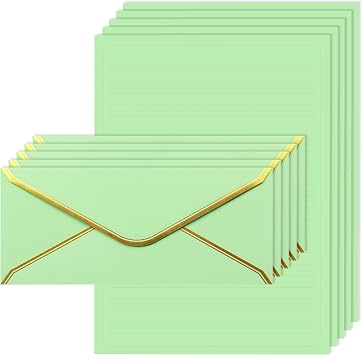 J6&H6 Gold Thread Stationary Paper and Envelopes Set Including 12 Standard Sized Phnom Penh Envelopes and 24 Sheets of Lined Paper Suitable for Daily Emotional Expression Formal Communicationgreen